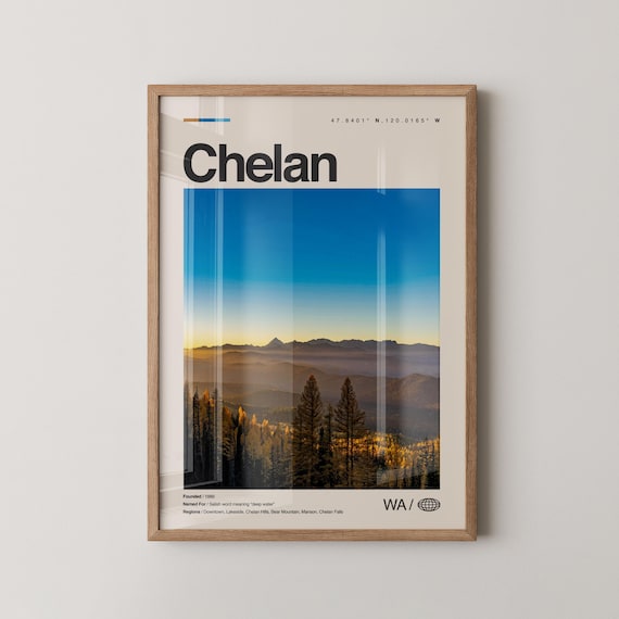 Chelan Print Real Photo Travel Art Poster Mid Century Minimal Wall Map Washington