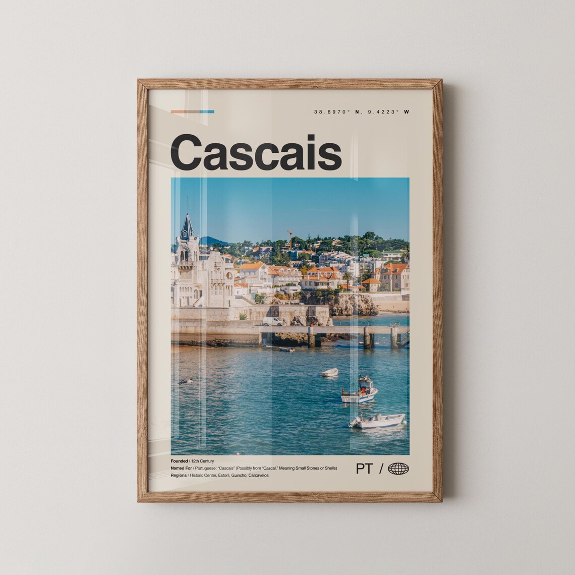 Cascais Portugal Sunny Harbor Boats Coastal Modern Travel Poster