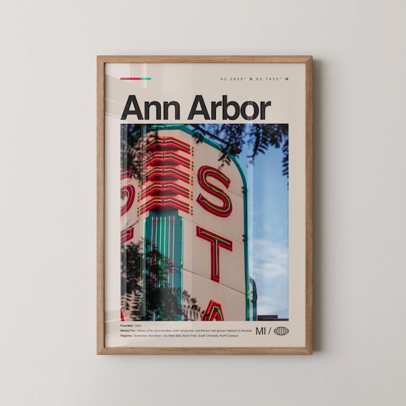 Ann Arbor Print Wall Art Poster Photo Dcor Map Michigan