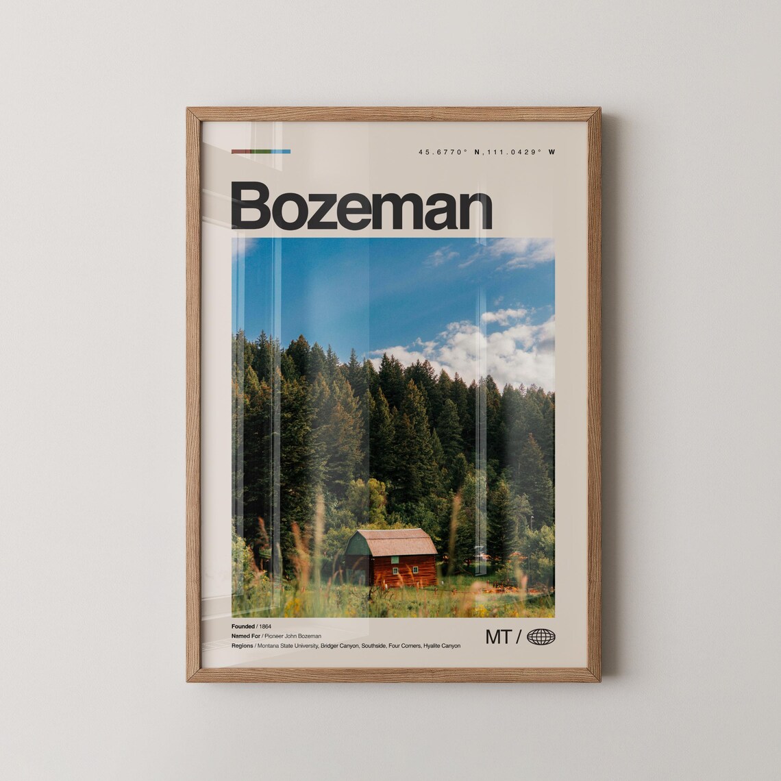 Bozeman Montana Rustic Barn Pine Forest Photo Coordinates Travel Poster