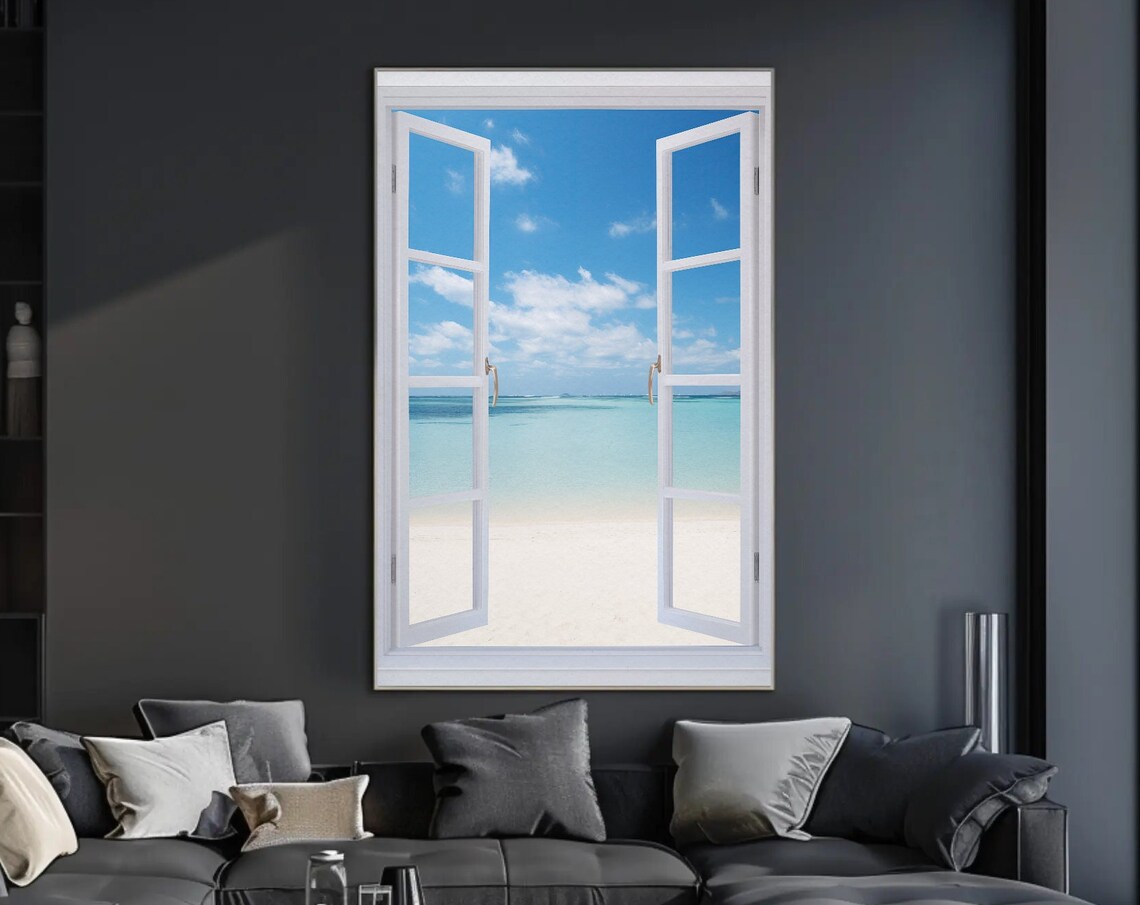 Tropical Beach Faux Window Open Window Coastal Ocean View Poster