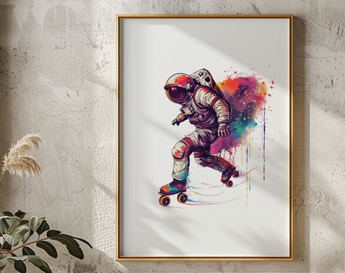 Astronaut Roller Skating Retro Fun Space Watercolor Art Poster