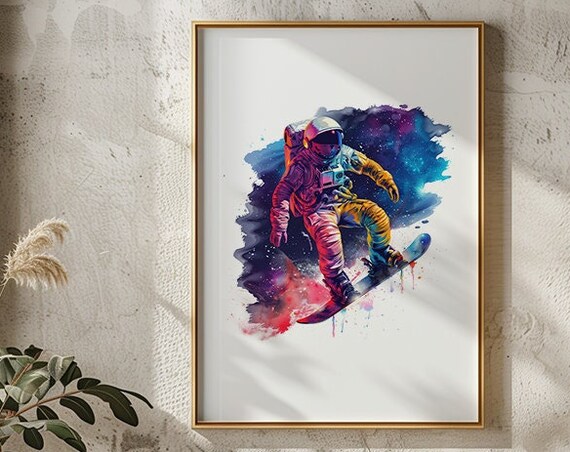 Astronaut Snowboarding Through Galaxy Paint Splash Art Poster