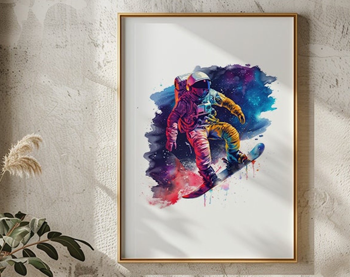 Astronaut Snowboarding Through Galaxy Paint Splash Art Poster