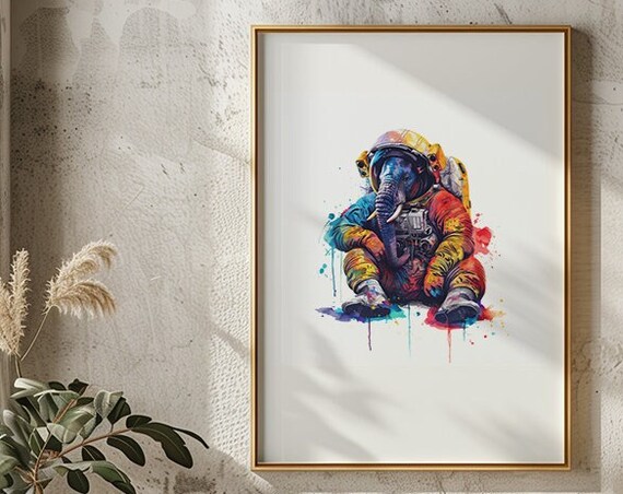 Elephant Astronaut Watercolor Seated Space Suit Animal Art Poster