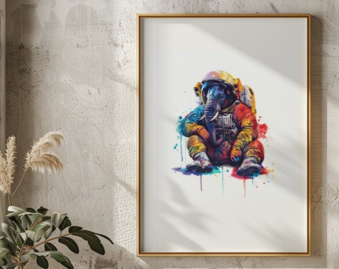 Elephant Astronaut Watercolor Seated Space Suit Animal Art Poster