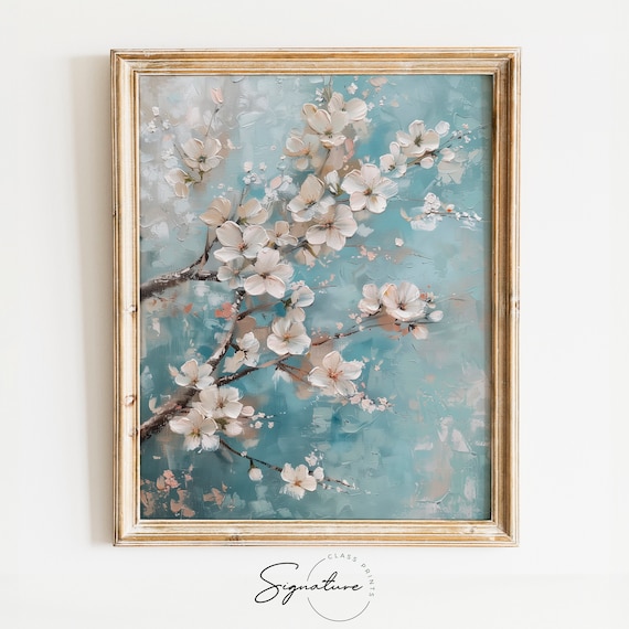 White Cherry Blossom Branch Teal Background Floral Art Poster