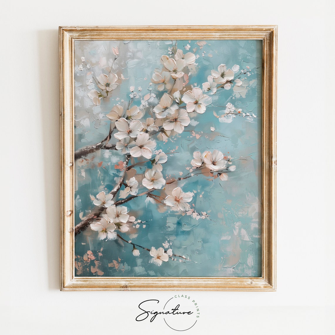 White Cherry Blossom Branch Teal Background Floral Art Poster