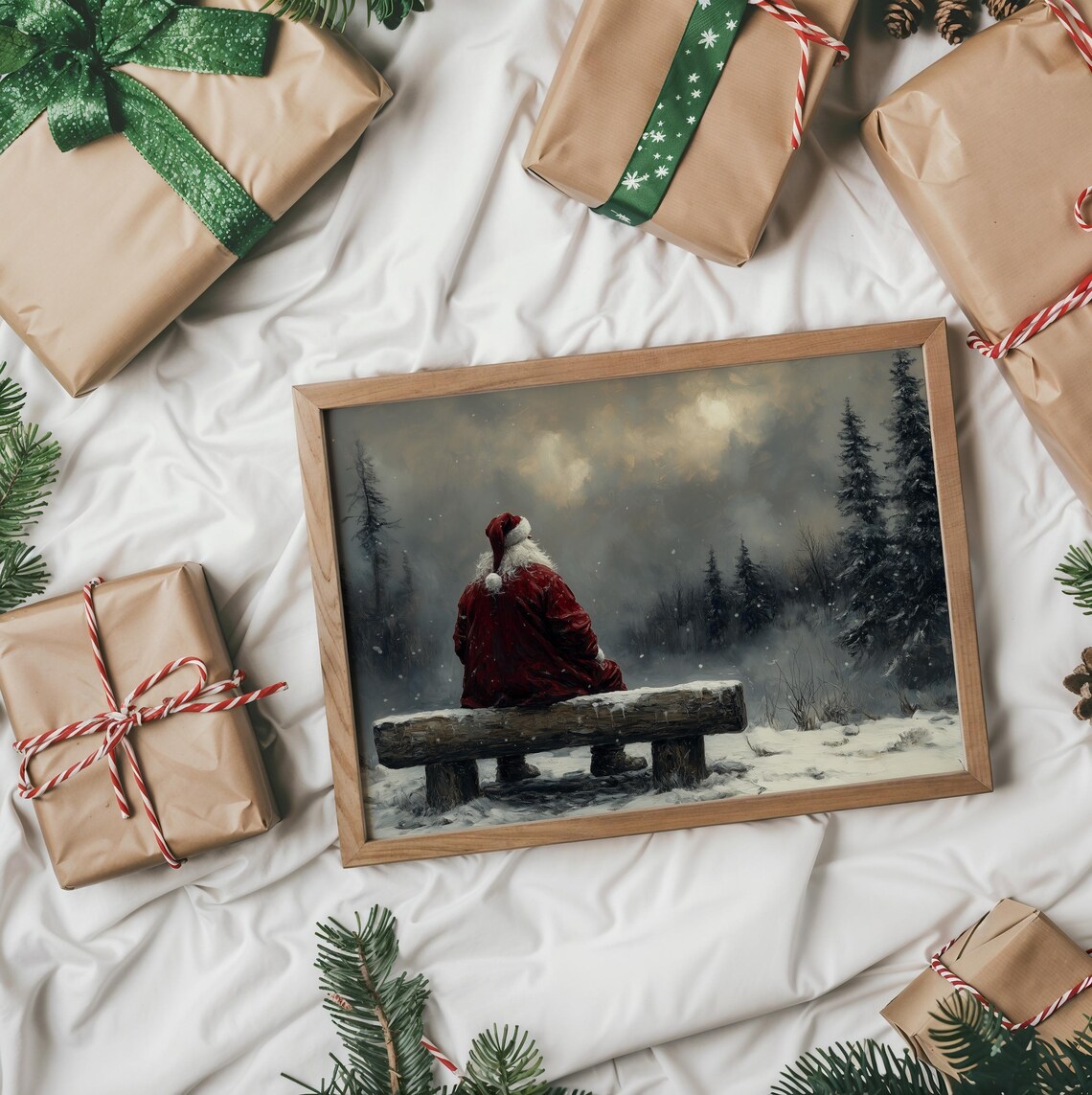 Santa Claus Sitting On A Log Bench Gazing At The Winter Forest Poster - Image 2
