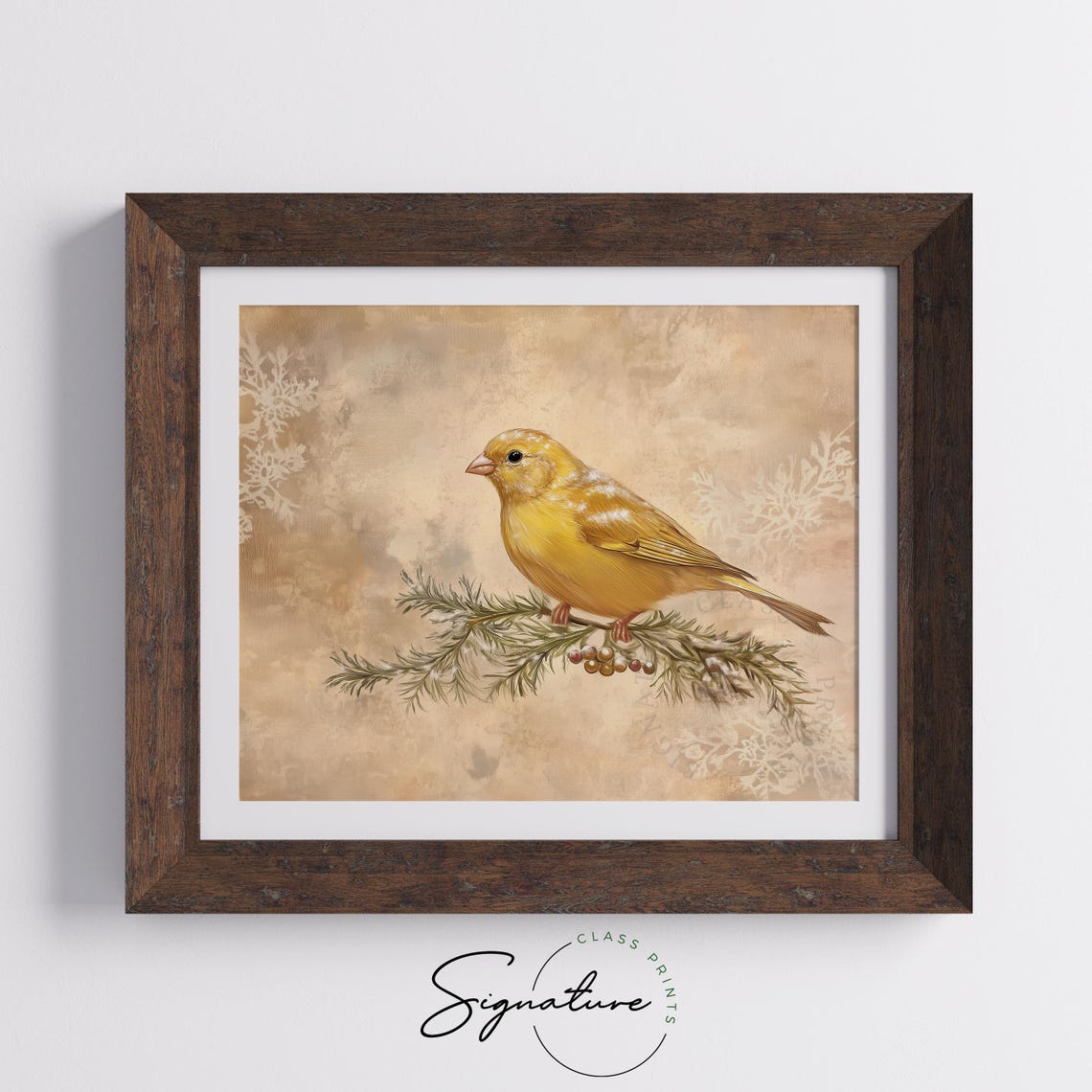 Yellow Canary on Juniper Branch Berries Vintage Winter Bird Poster - Image 4