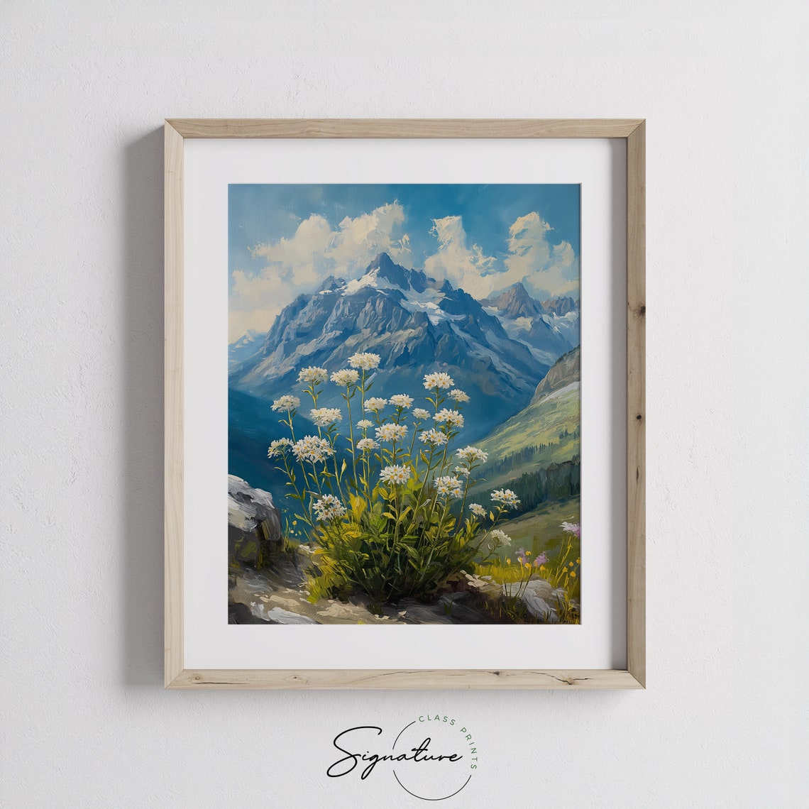 Alpine Meadow Edelweiss Blossoms Wildflower Rocky Snowy Peak Poster - Image 3