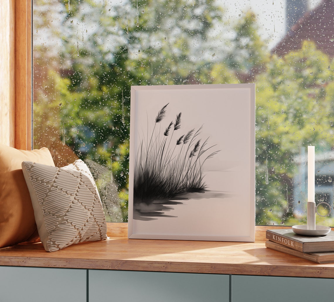 Serene Tall Reeds At The Water Edge Ink Wash Nature Sketch Poster - Image 2