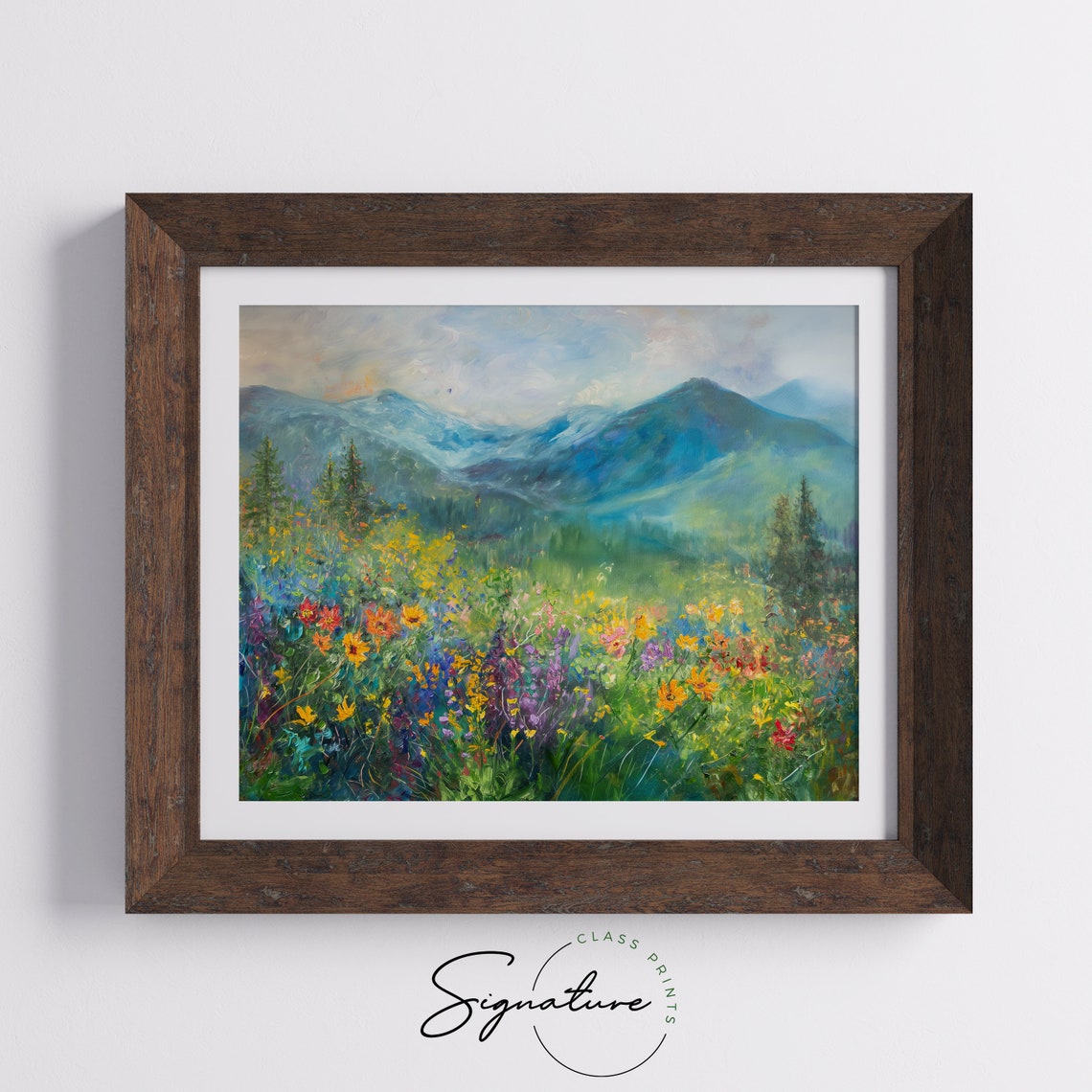 Dense Wildflower Meadow with Blue Mountains Impressionist Poster - Image 5