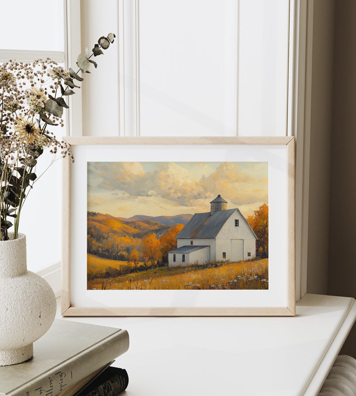 White Barn with Silo Over Golden Autumn Hills at Sunset Poster - Image 6