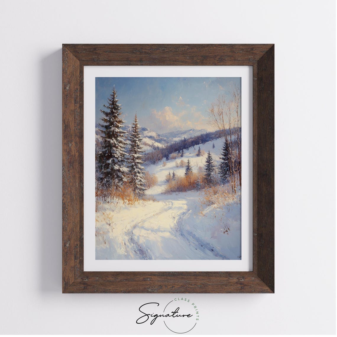 Sunny Winter Mountain Valley with Tall Pines under Blue Sky Poster - Image 3