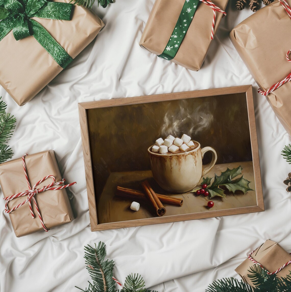 Farmhouse Hot Cocoa Mug With Holly, Christmas Art Print - Image 2