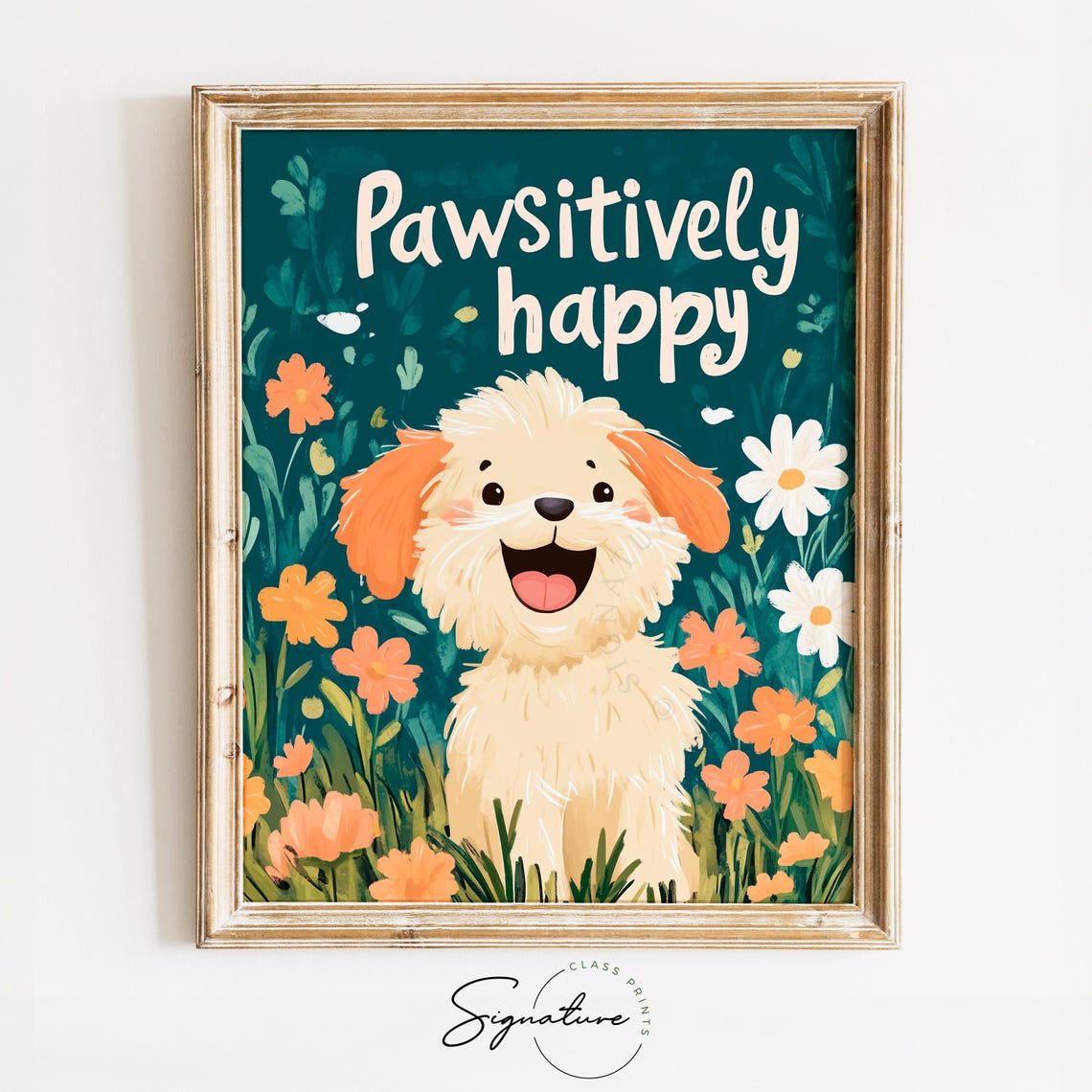 Adorable Cute Pawsitively Happy Puppy Floral Cheerful Dog Poster