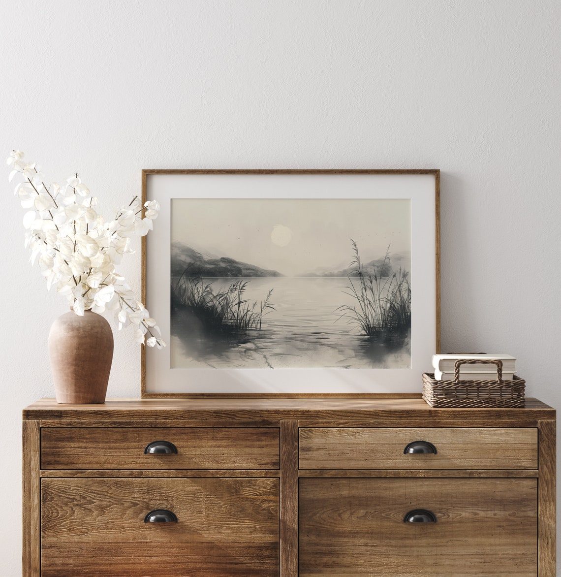 Quiet Lake At Dawn Serene Monochrome Ink Sketch Landscape Poster - Image 3