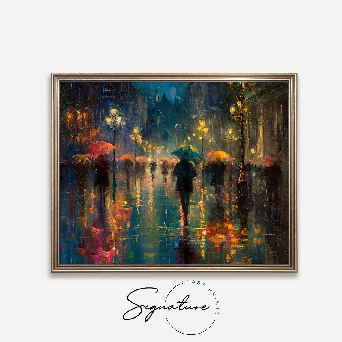 Rainy City Square At Night With Umbrellas Impressionist Poster - Image 4