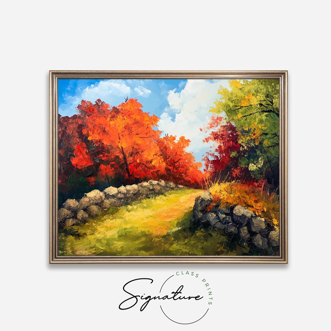 Sunlit Stone Wall Pathway Through Vibrant Autumn Trees Poster - Image 4