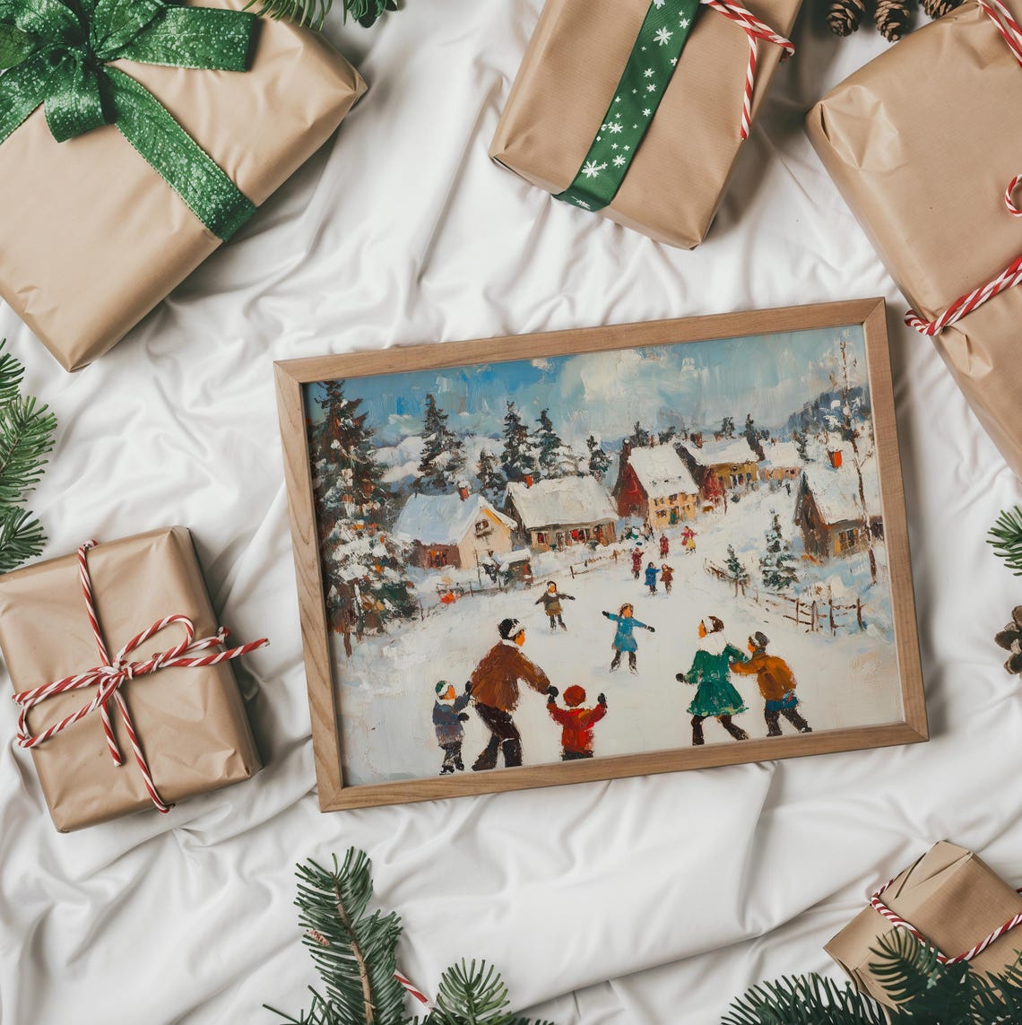 Families Ice Skating In A Snowy Village Square In Winter Poster - Image 2