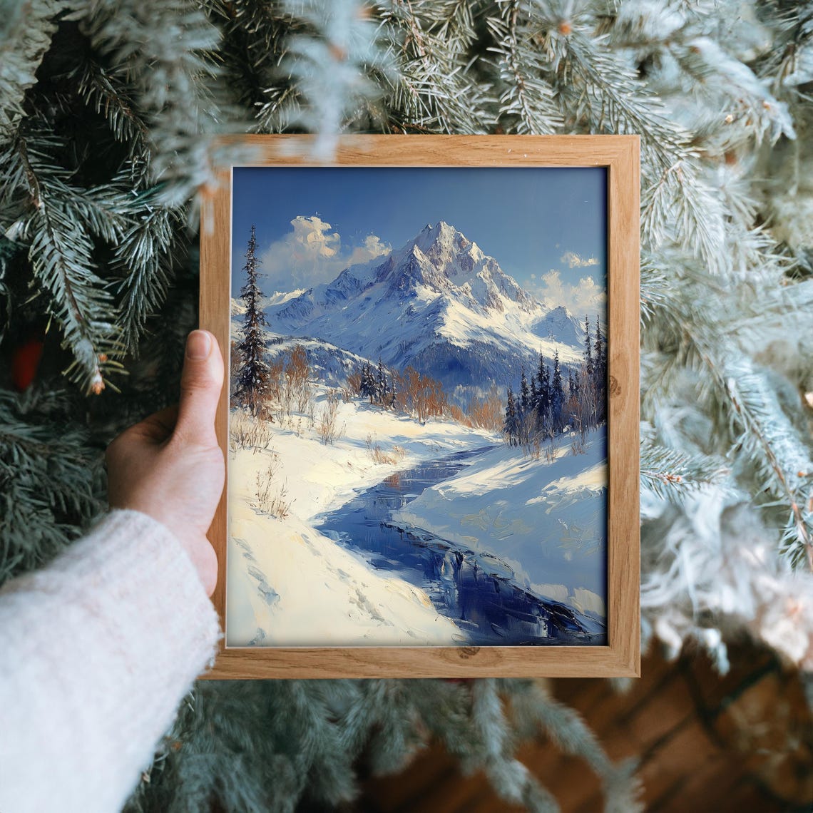 Snowy Mountain Peak With Pine Trees And Winding Stream Poster - Image 6
