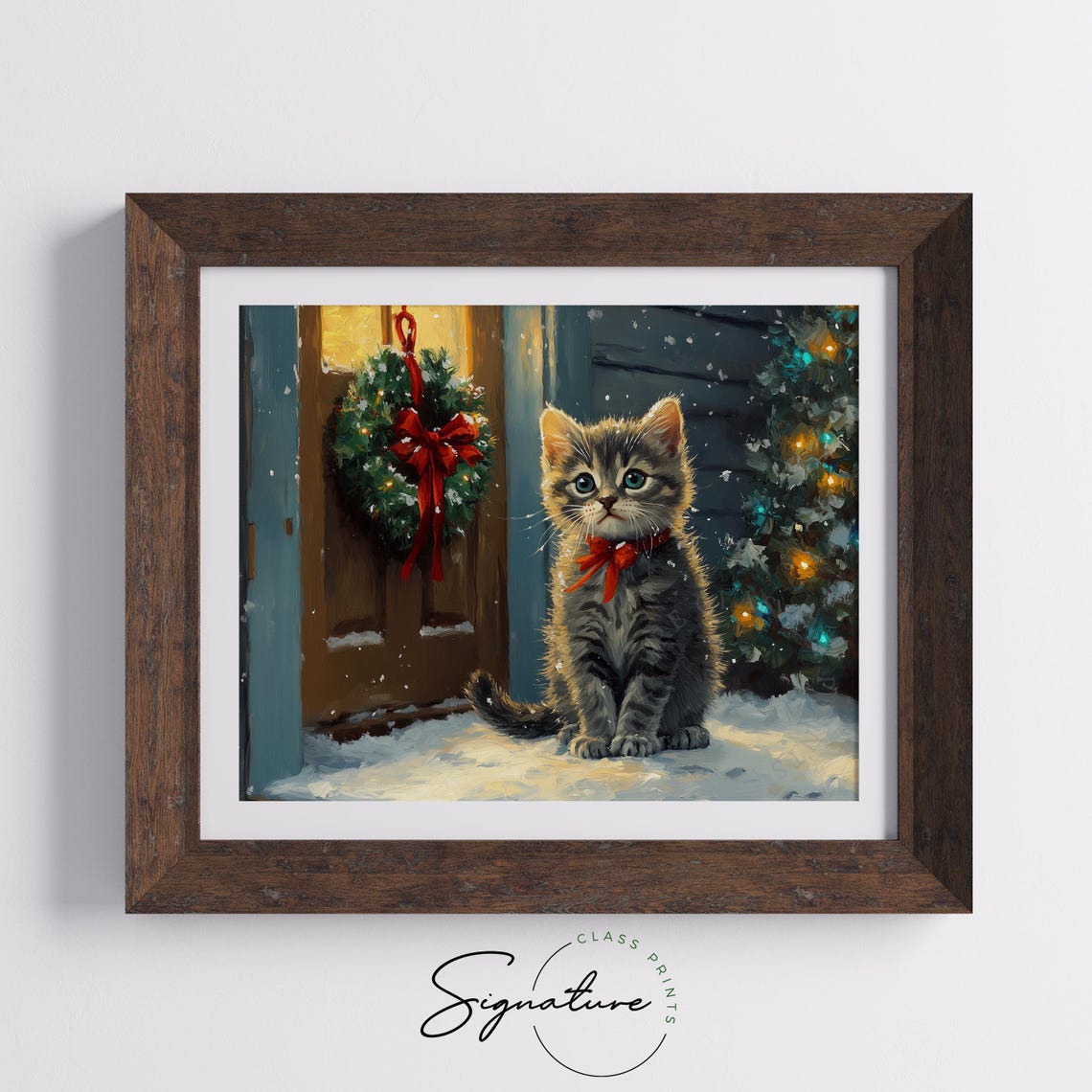 Tabby Kitten With a Red Bow on a Snowy Christmas Doorstep Poster - Image 5