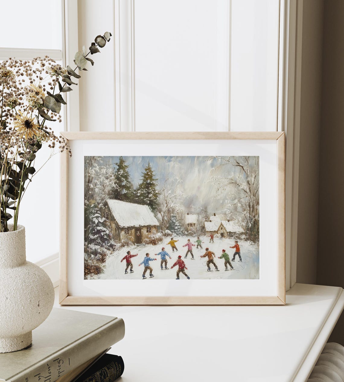 Children Ice Skating On Frozen Pond Near Snowy Cottages Poster - Image 6