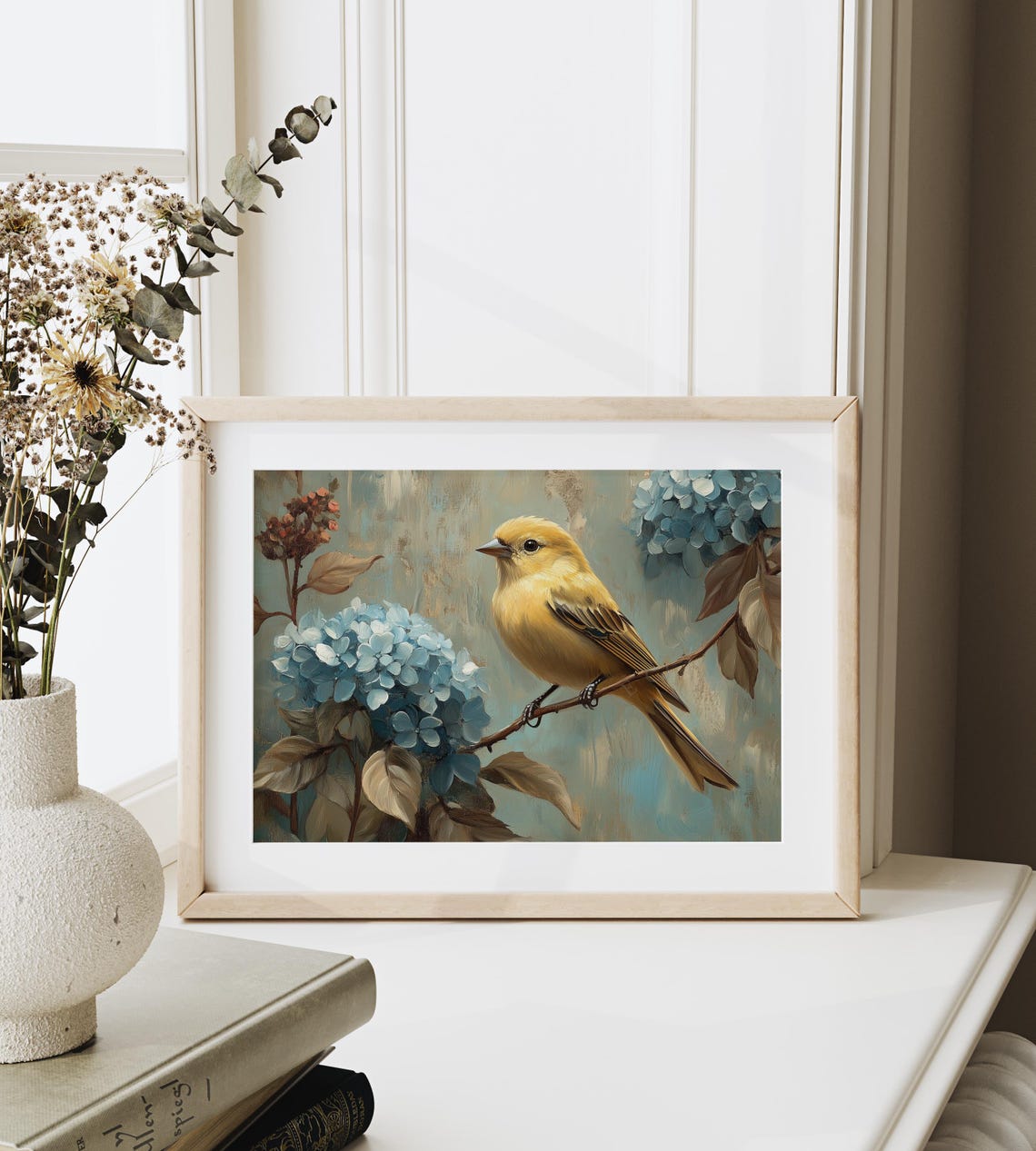 Goldfinch Perched Among Blue Hydrangeas Summer Bird Wall Art - Image 4
