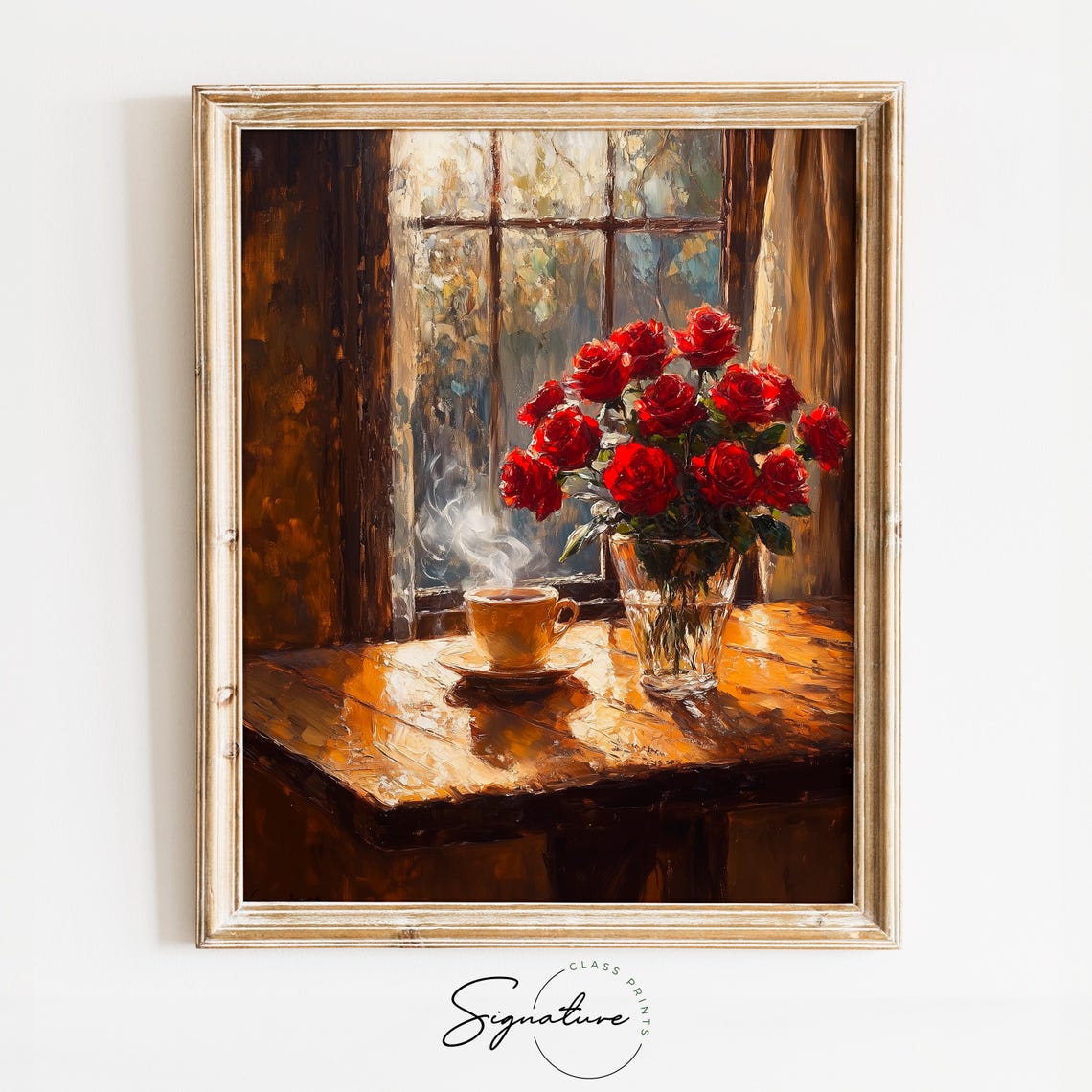 Red Roses Vase Steaming Coffee Sunlit Window Cozy Morning Art Poster