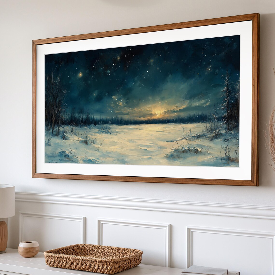 Starry Winter Night Over Snowy Meadow With Moonlit Sky Landscape Art Poster - Image 2