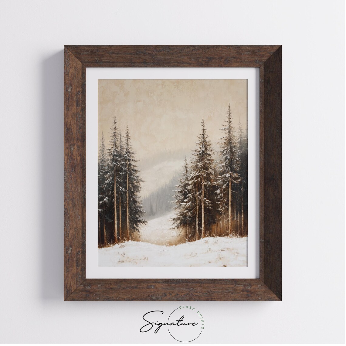 Snowy Path Through Tall Pines in Warm Golden Sunset Light Poster - Image 3