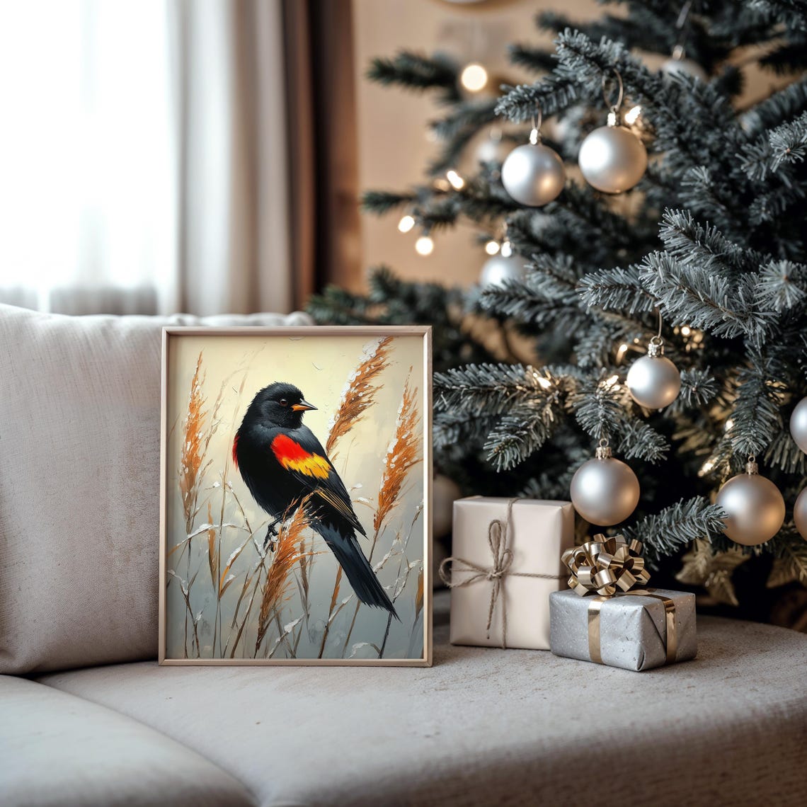 Red Winged Blackbird In Winter Reeds Striking Nature Art Poster - Image 5
