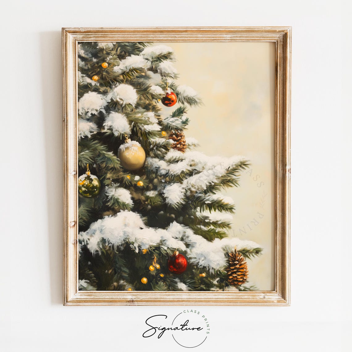 Snow Covered Christmas Tree with Red and Gold Ornaments Poster