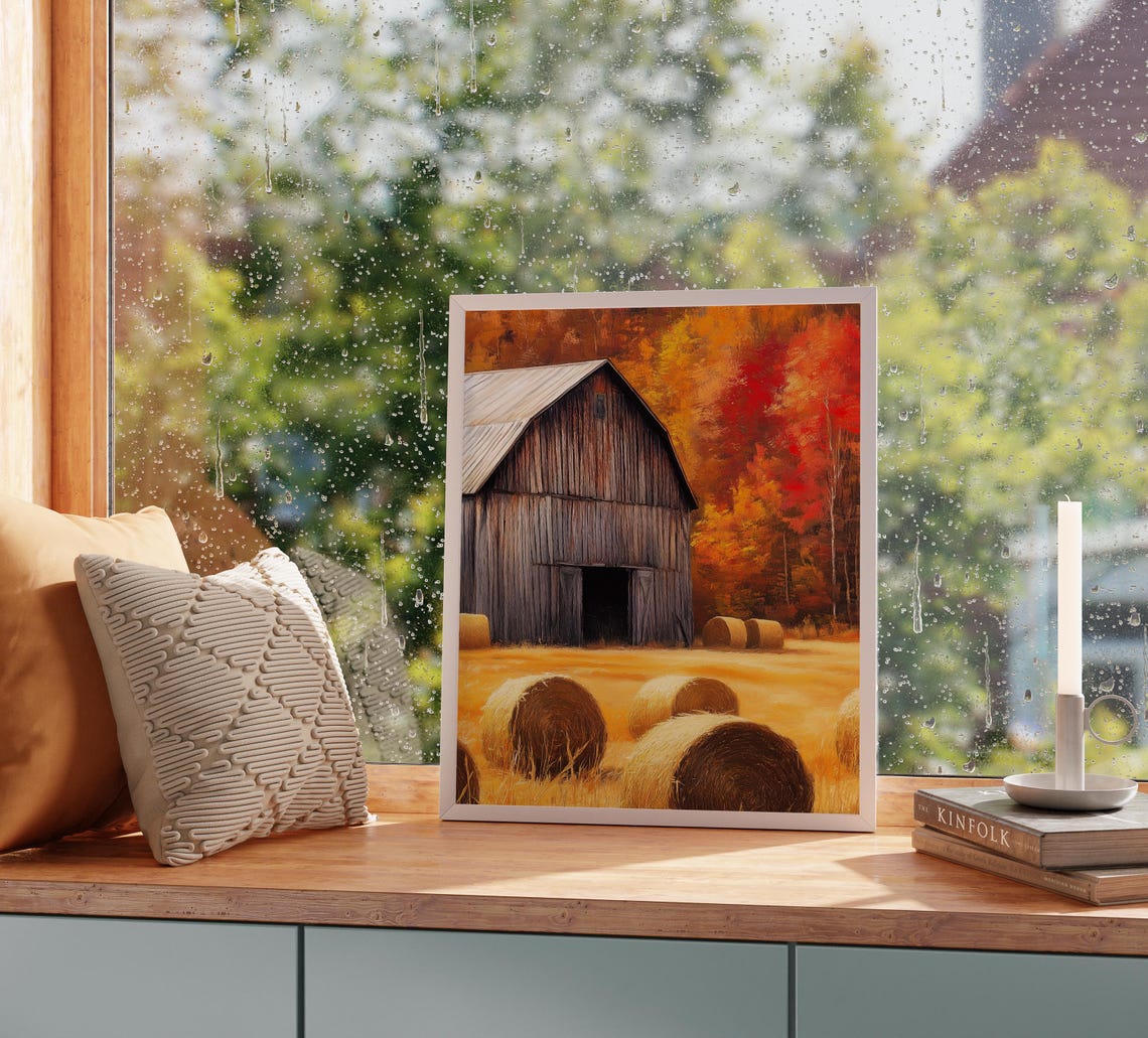Weathered Barn Hay Bales Crimson Autumn Trees Harvest Field Poster - Image 2