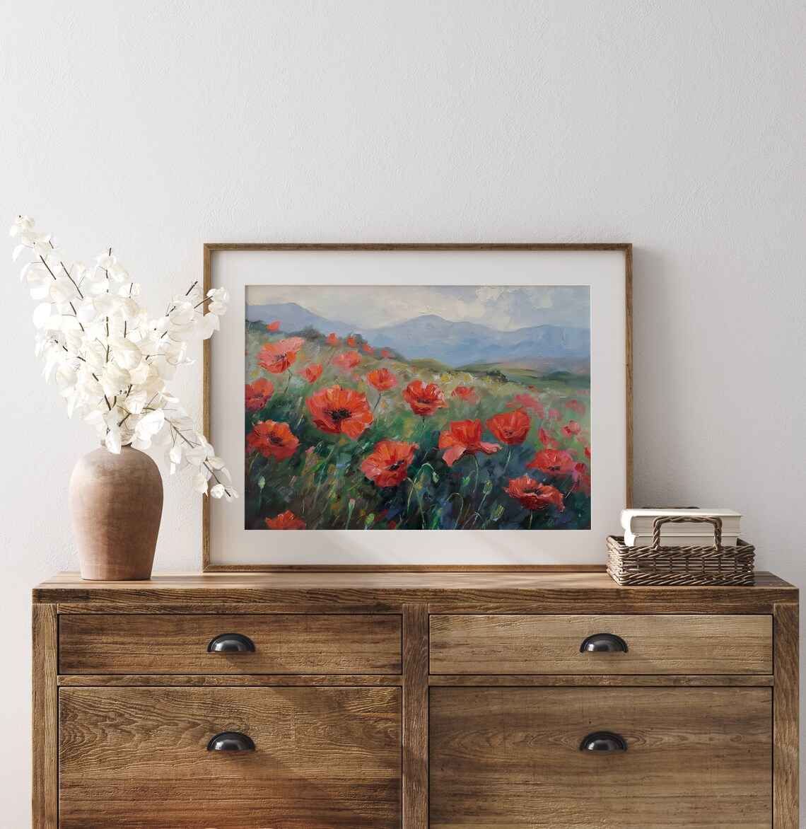 Red Poppy Field with Blue Mountains Impressionist Landscape Poster - Image 3