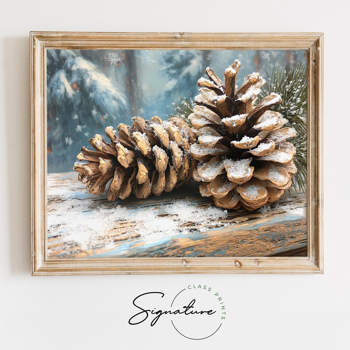 Snowy Pinecones Winter Forest Still Life Oil Painting Poster