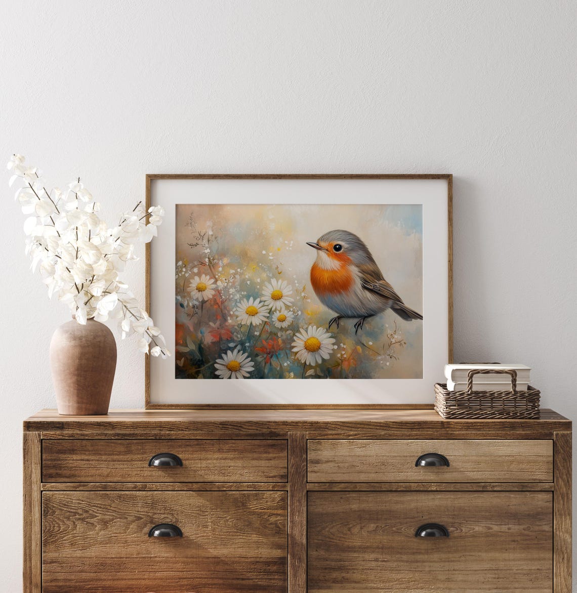 Robin Standing Among White Daisies In Soft Pastel Spring Wall Art - Image 2