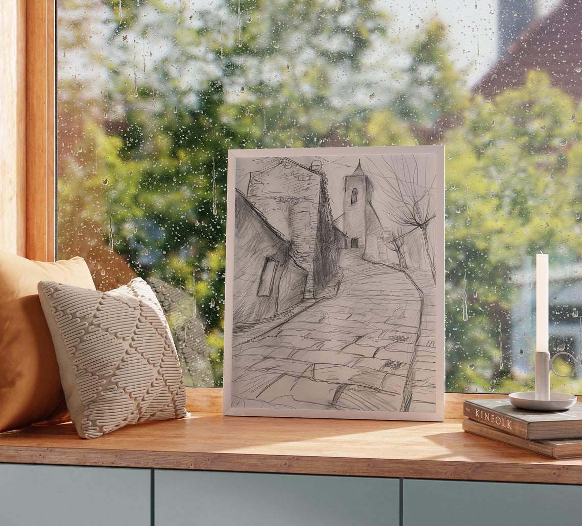 Cobblestone Path To Ancient Stone Church Vintage Sketch Poster - Image 2