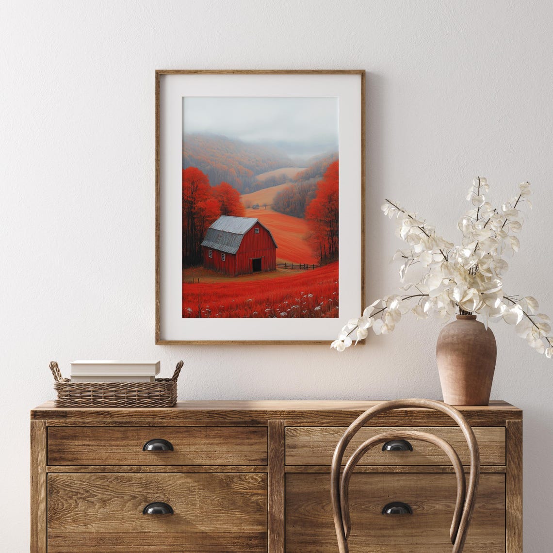 Red Barn In A Crimson Autumn Valley Under Misty Distant Hills Poster - Image 5