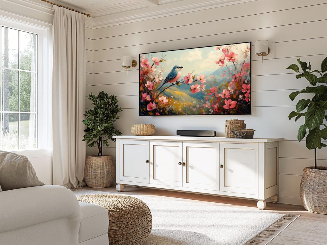 Bluebird On Pink Cherry Blossom Branch Above Golden Hills Poster - Image 3