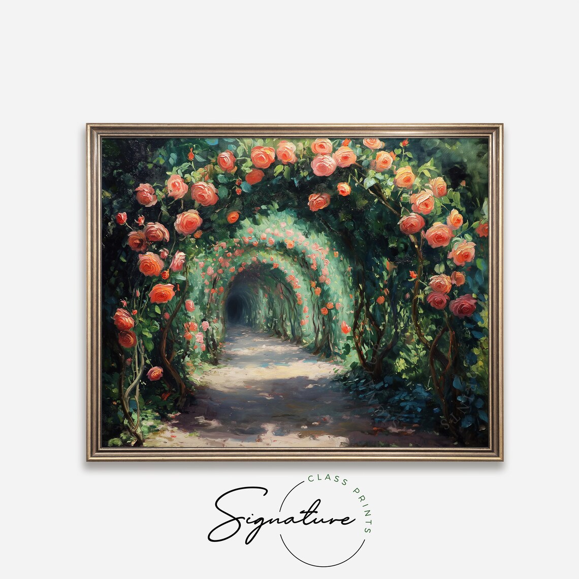 Impressionist Coral Rose Tunnel Garden Path Blooming Flowers Poster - Image 4