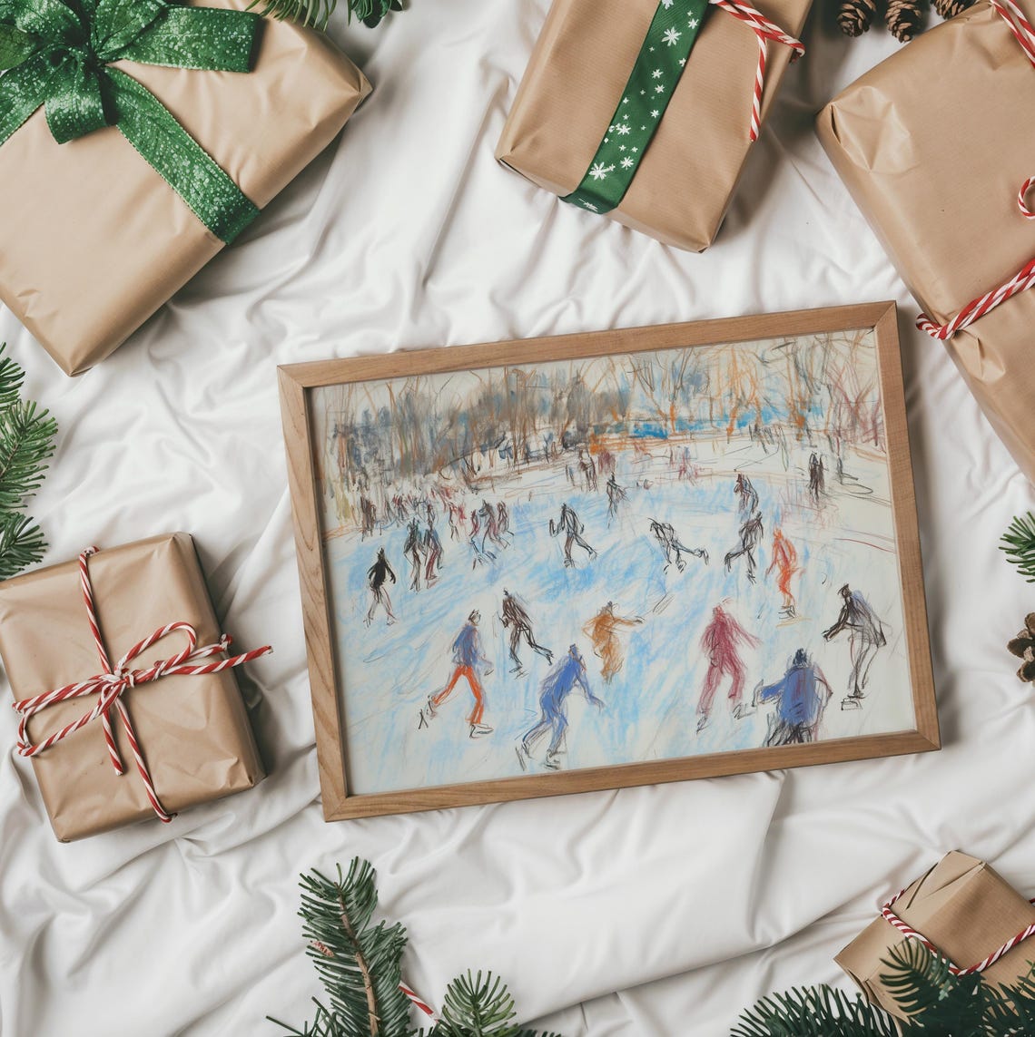 Group Ice Skating On Frozen Pond Loose Sketch Style Winter Poster - Image 2