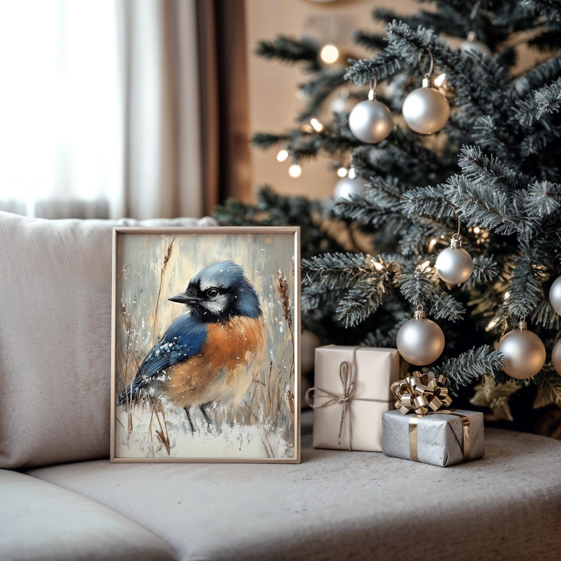 Blue Jay In Falling Snow Among Winter Grasses Bird Art Poster - Image 5