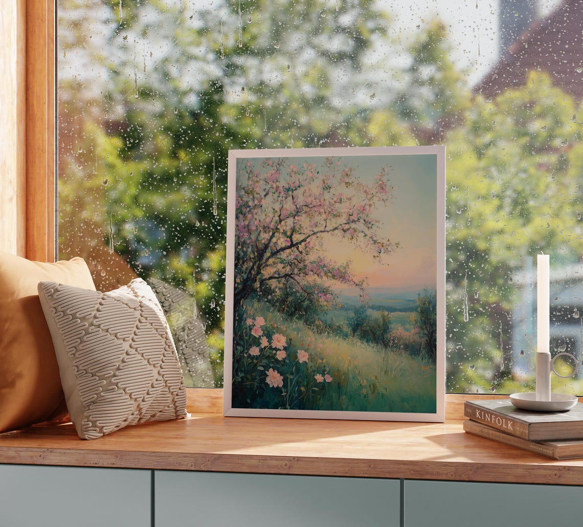 Delicate Pink Blossoms On Hillside Overlooking Soft Valley View Poster - Image 5