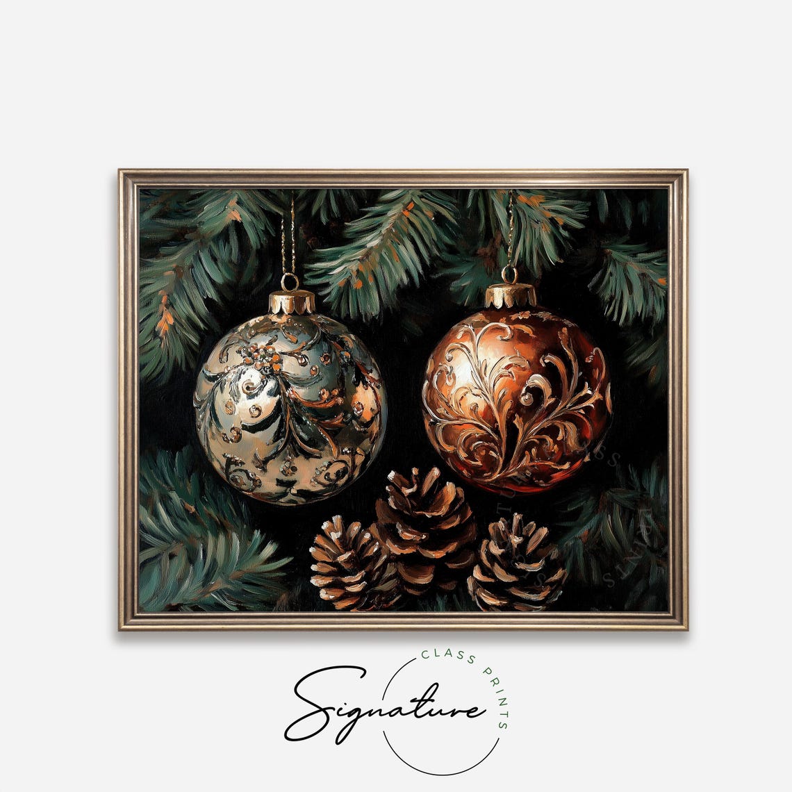 Green And Copper Ornate Christmas Ornaments With Pinecones Poster - Image 4