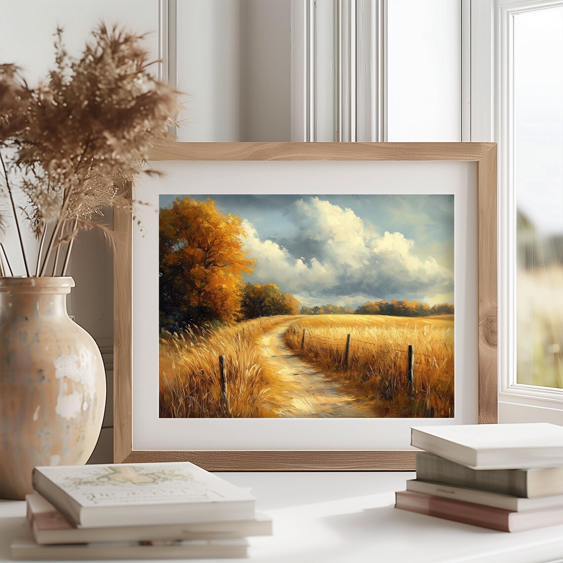 Country Lane Through Golden Wheat Field Rustic Autumn Landscape Poster - Image 2