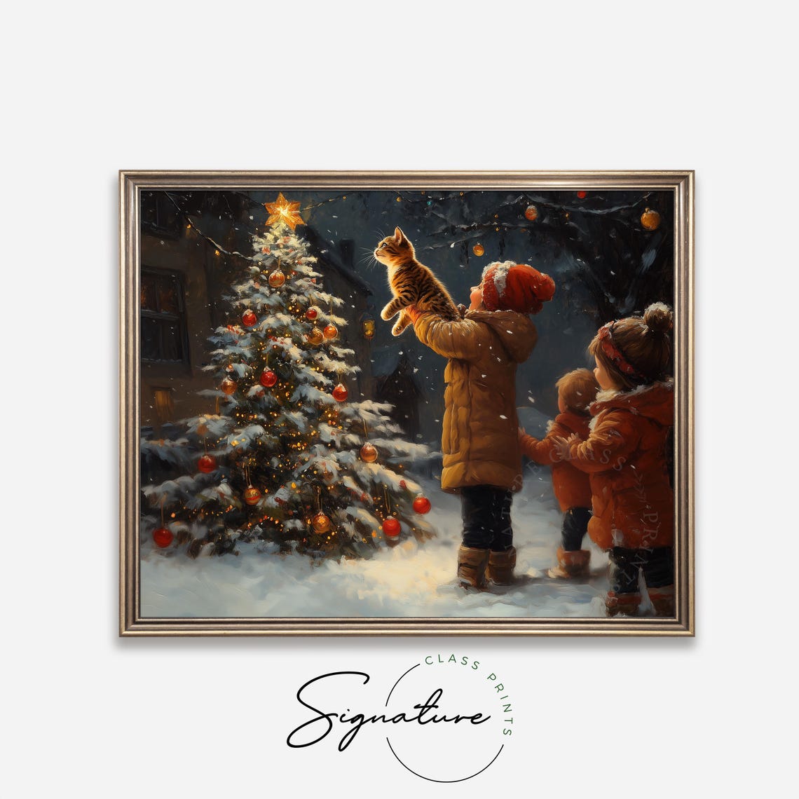 Child Holding A Kitten Up To A Snowy Christmas Tree At Night Poster - Image 4