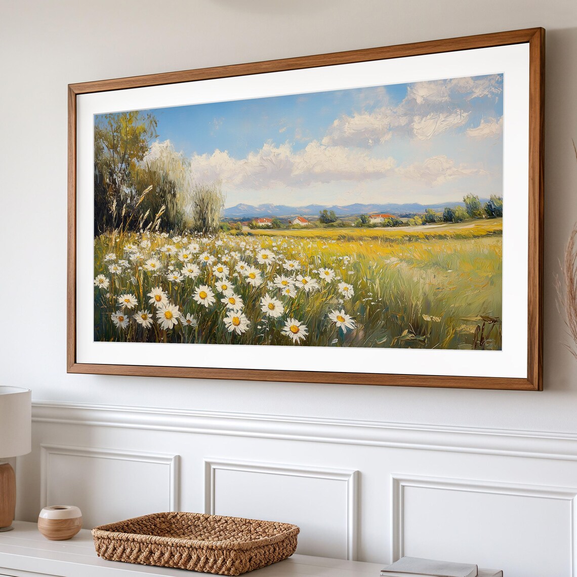 White Daisy Meadow Farmhouse Cottages Blue Sky Country Landscape Poster - Image 2