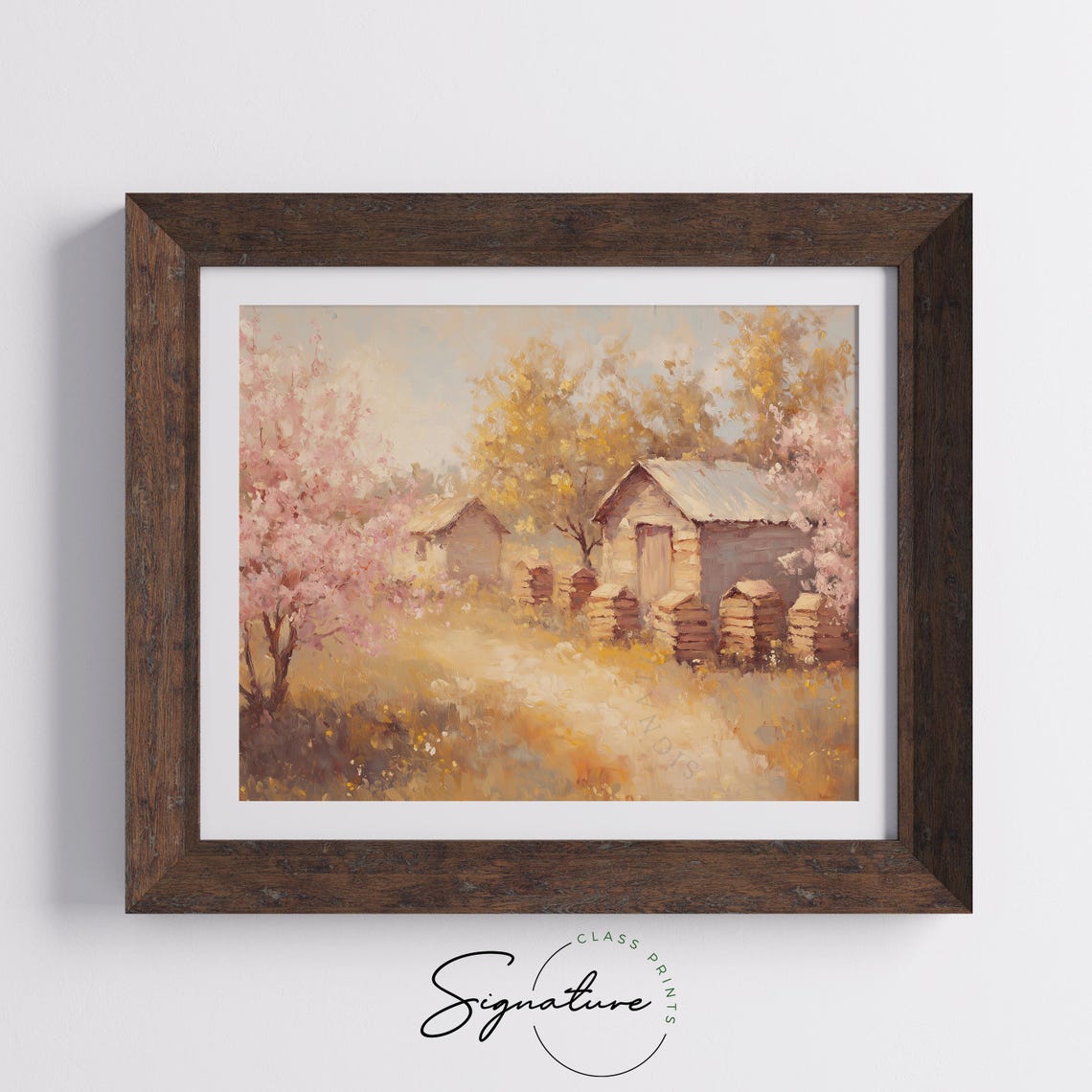 Pink Blossom Orchard With Rustic Beehives Pastel Farmhouse Poster - Image 3